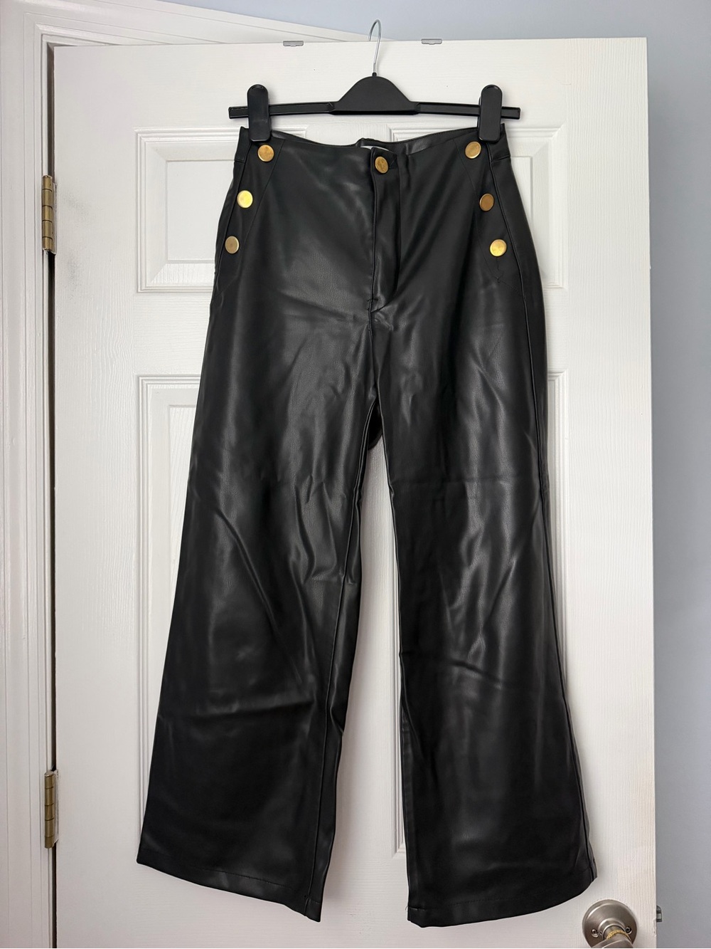 Zara Black Faux Leather Wide-Leg Pants with Gold Buttons